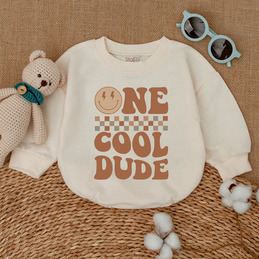 One Cool Dude Baby Romper Bodysuit First Birthday Outfit Smiley Face Design Checkerboard Pattern Soft Cotton Newborn Cake Smash Gift