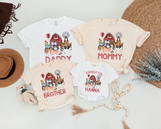 Personalized Farm Birthday Shirt, Rustic Barnyard Family Matching Outfit, Red Barn Tractor Animals Sunflowers, Toddler Boy Girl Party