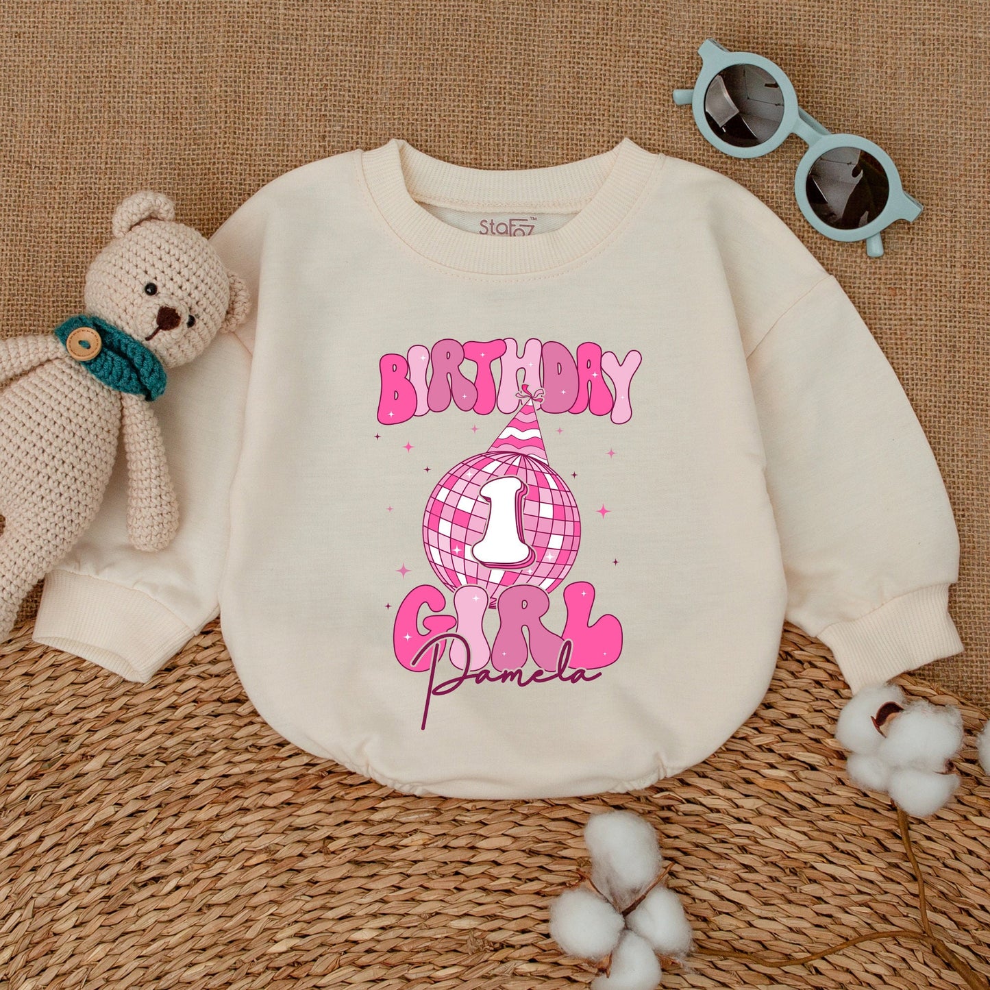 Personalized Pink Disco Ball Birthday Girl Romper with Name First Birthday Cowgirl Outfit Infant Bodysuit Baby Shower Gift