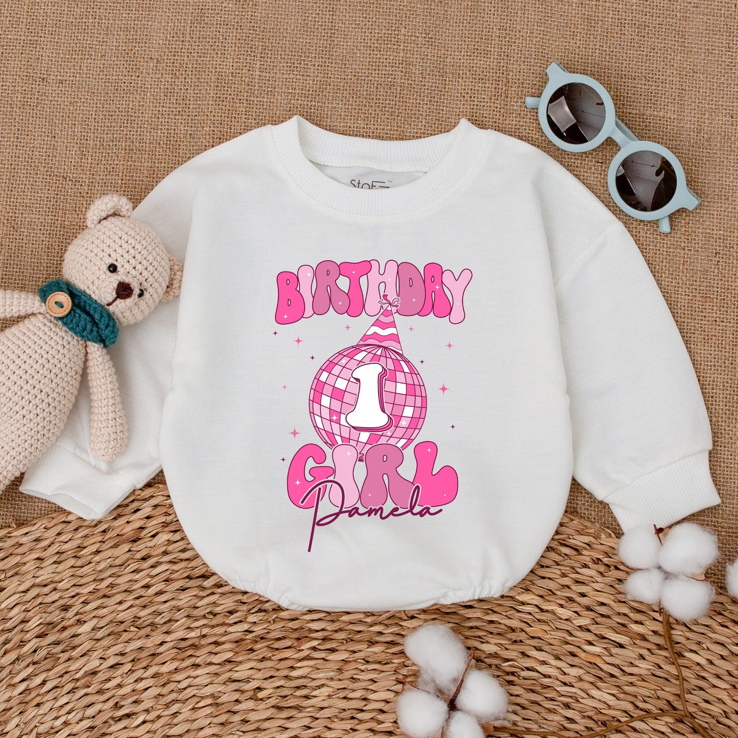 Personalized Pink Disco Ball Birthday Girl Romper with Name First Birthday Cowgirl Outfit Infant Bodysuit Baby Shower Gift