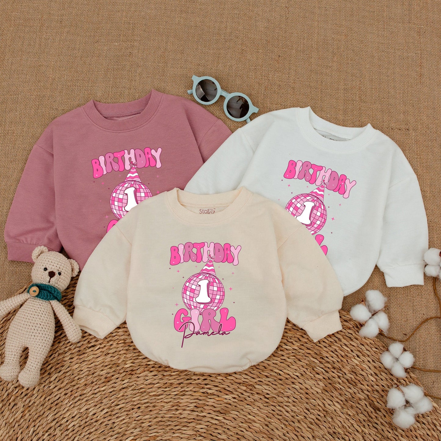 Personalized Pink Disco Ball Birthday Girl Romper with Name First Birthday Cowgirl Outfit Infant Bodysuit Baby Shower Gift