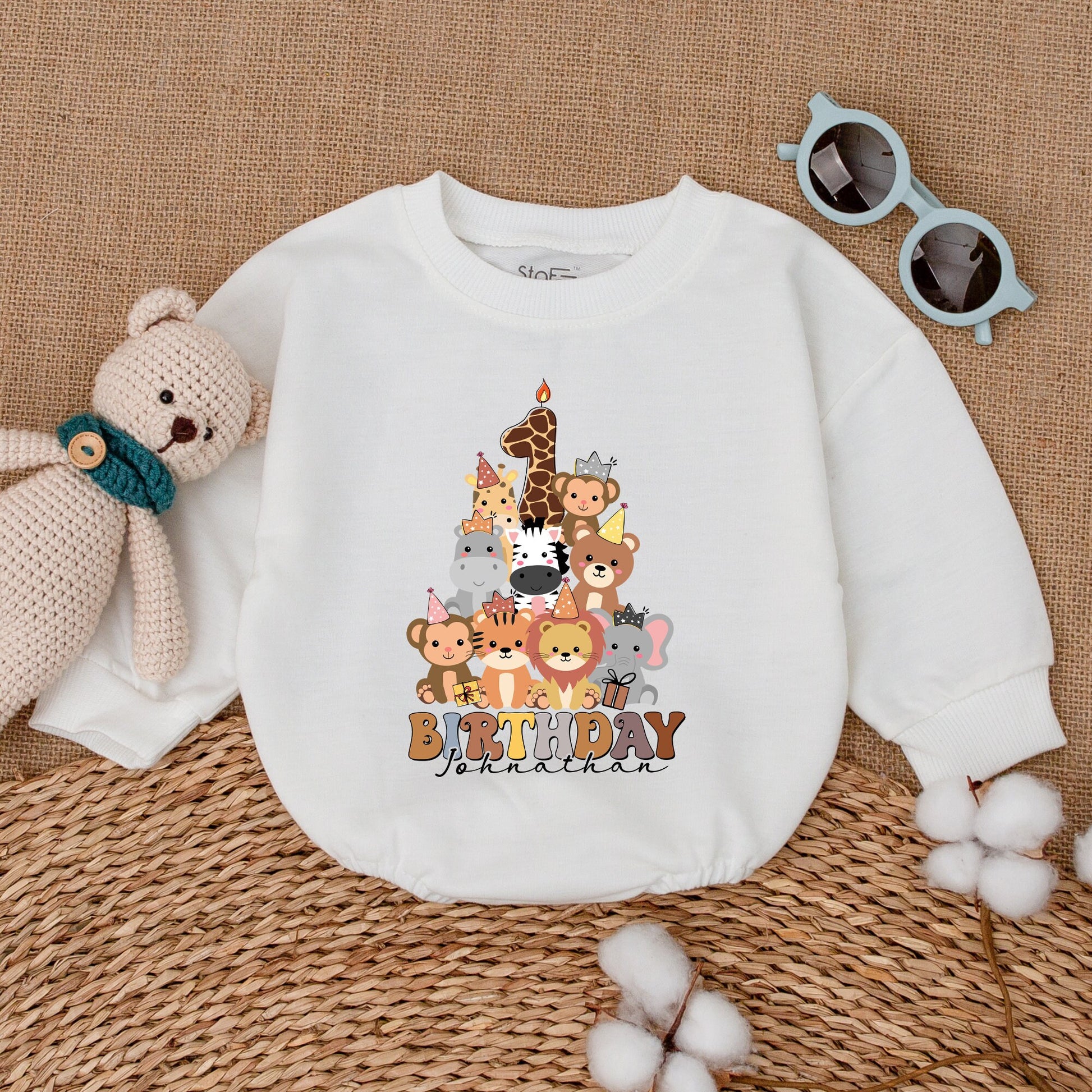 Personalized First Birthday Safari Animals Romper with Cute Zoo Stack Number One Giraffe Design Wild One Party Cake Smash Bubble Outfit in Brown Yellow Pink