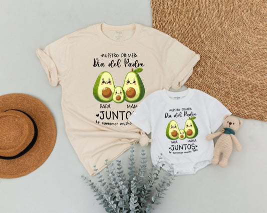 Personalized Our First Father's Day Matching Dad Mama Baby Avocado Shirt Nuestro Primer Dia del Padre New Dad Gift Playful Family Outfit