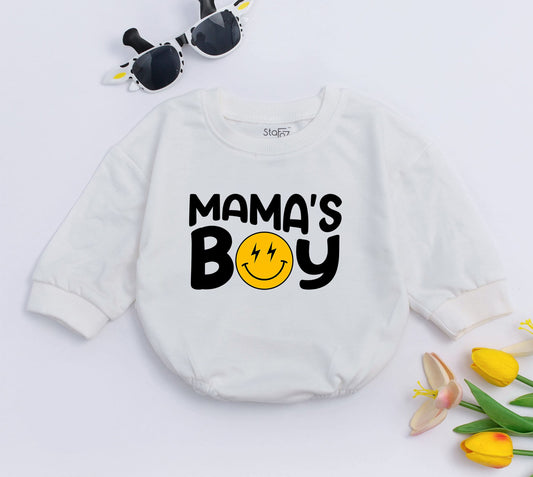 Mama's Boy Baby Romper featuring Retro Smiley Face Lightning Bolt Design, Cute Baby Boy Outfit for First Mother's Day Gift, Baby Shower, New Baby Sleepsuit