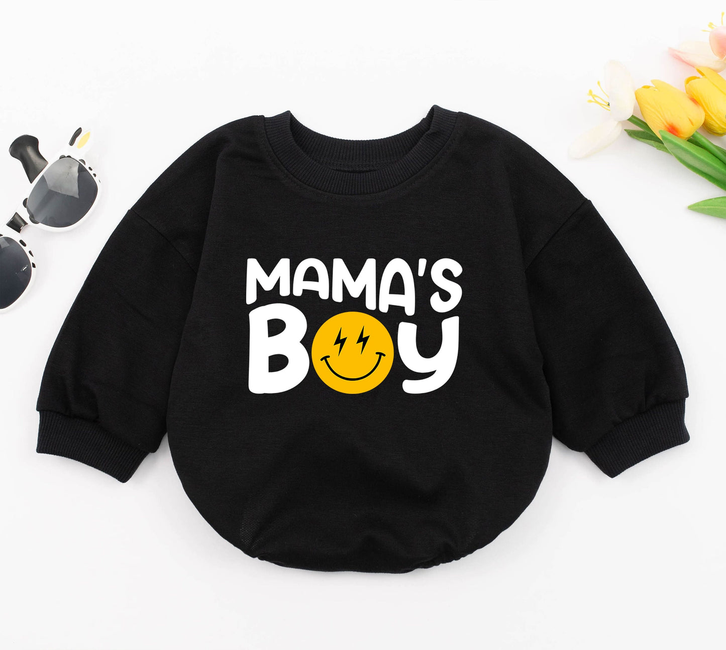 Mama's Boy Baby Romper featuring Retro Smiley Face Lightning Bolt Design, Cute Baby Boy Outfit for First Mother's Day Gift, Baby Shower, New Baby Sleepsuit