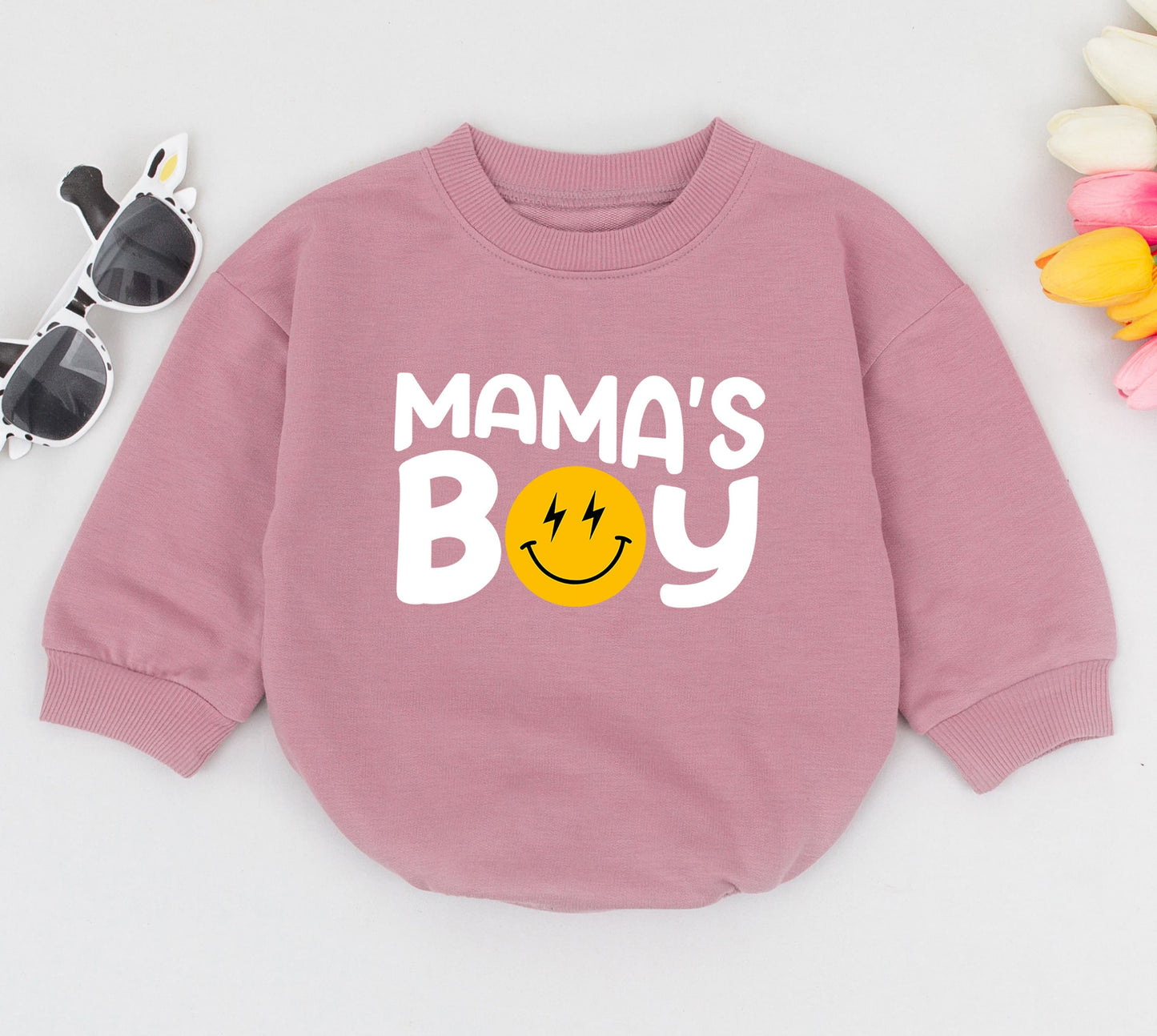Mama's Boy Baby Romper featuring Retro Smiley Face Lightning Bolt Design, Cute Baby Boy Outfit for First Mother's Day Gift, Baby Shower, New Baby Sleepsuit