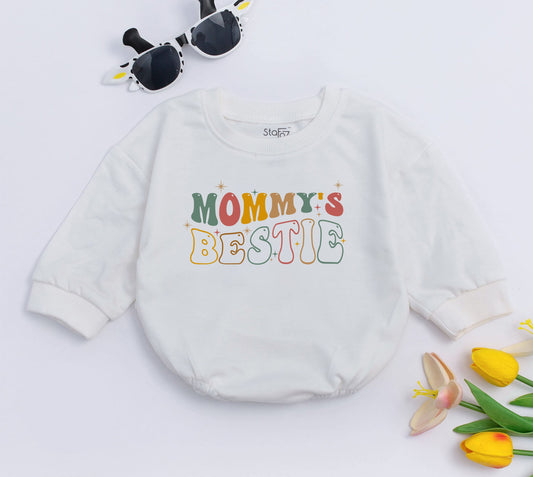 Mommy's Bestie Retro Baby Romper Mothers Day Gift with Earthy Colors and Playful Starbursts Cute Newborn Sleepsuit First Shower Outfit