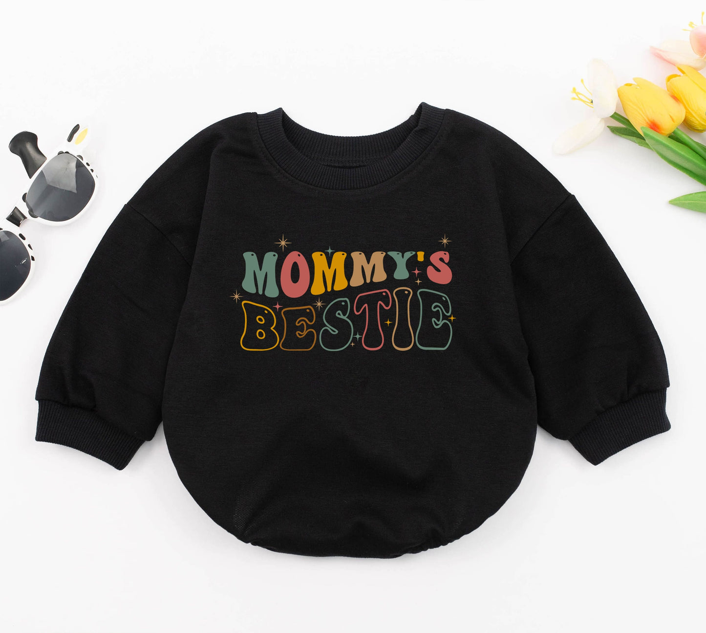 Mommy's Bestie Retro Baby Romper Mothers Day Gift with Earthy Colors and Playful Starbursts Cute Newborn Sleepsuit First Shower Outfit