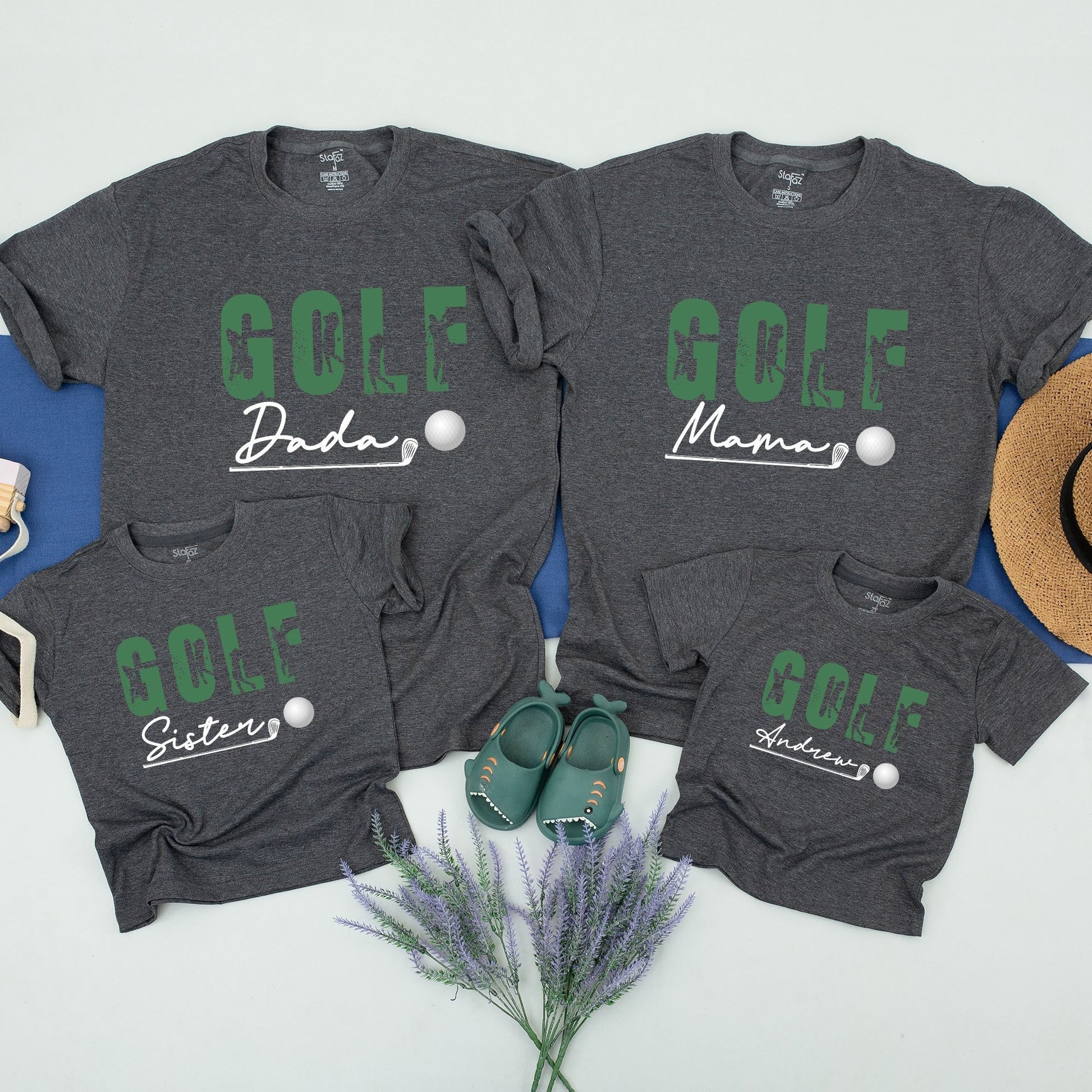 Family Matching Personalized Golf Birthday Shirts with Green GOLF Text Silhouettes for Boy's First Birthday Party Celebration Gift
