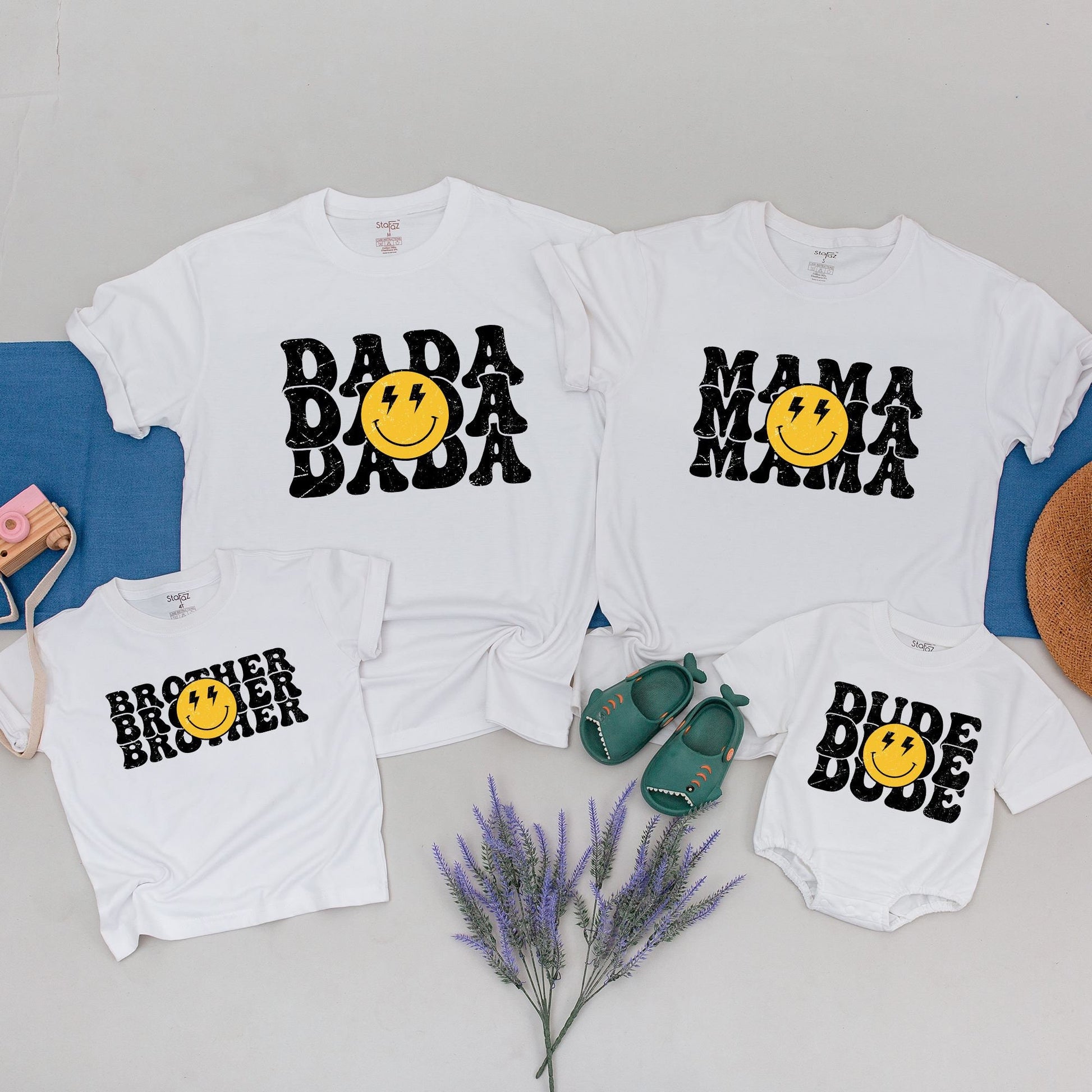 One Happy Dude Birthday Shirt Retro Smiley Face Bolt Eyes Matching Family Outfit Toddler Boy First Birthday Party Vintage Style