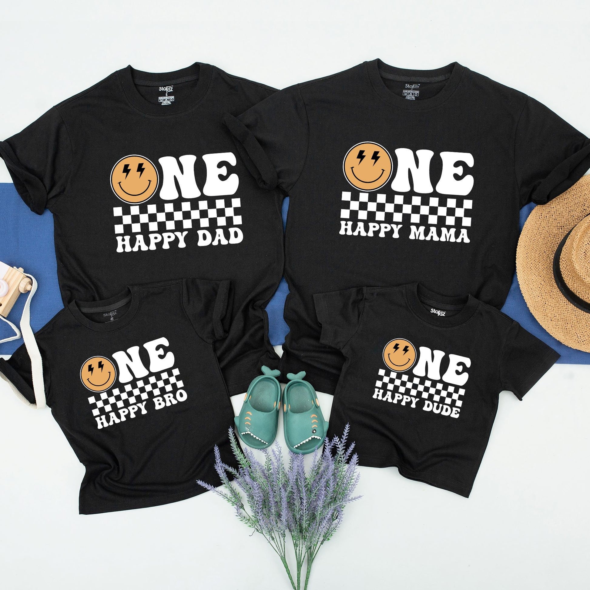 One Happy Dude First Birthday Shirt Retro Smiley Bolt Eyes Matching Family Toddler Boy Party Outfit Yellow Black White Checkered Comfort