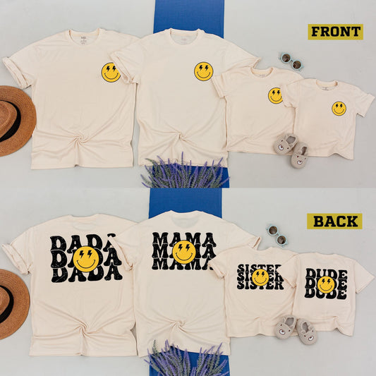 One Happy Dude Retro Smiley Face Birthday Matching Family Shirts for Mom Dad Sister Brother Boys Girls Toddlers Yellow Distressed Design