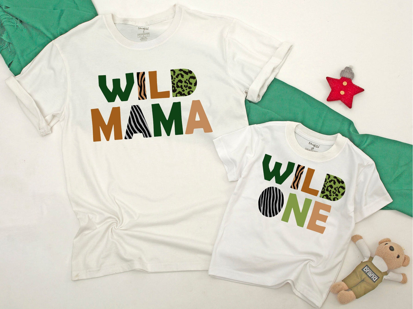 Wild One Matching Family Birthday Shirts for First Celebration Safari Jungle Animal Print Outfit Bold Earth Tones Green Caramel Leopard Pattern