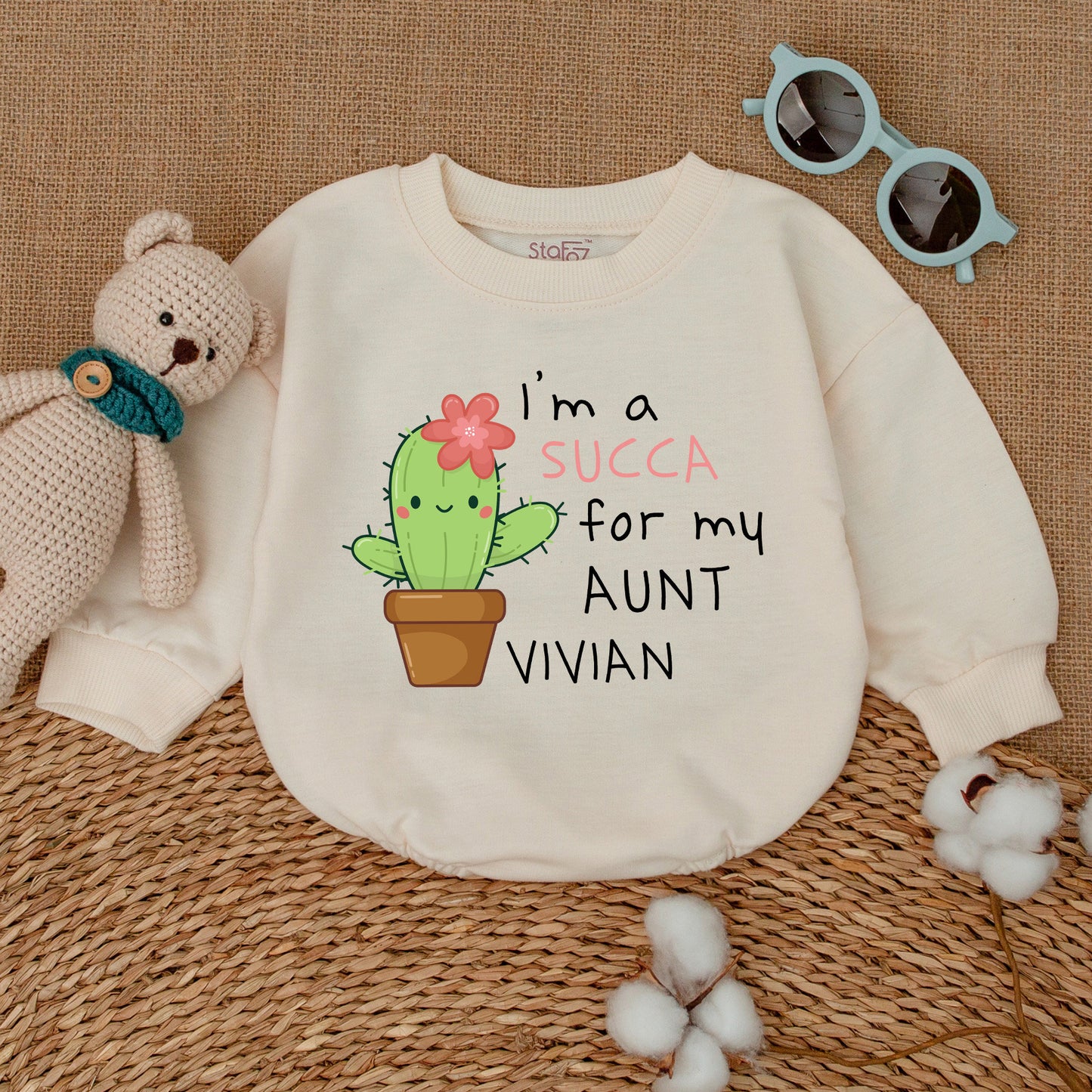Personalized I'm a SUCCA for My Aunt Cactus Baby Romper with Adorable Pink Flower Design, Auntie's Bestie Niece Funny Baby Shower Gift