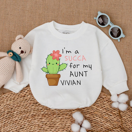 Personalized I'm a SUCCA for My Aunt Cactus Baby Romper with Adorable Pink Flower Design, Auntie's Bestie Niece Funny Baby Shower Gift