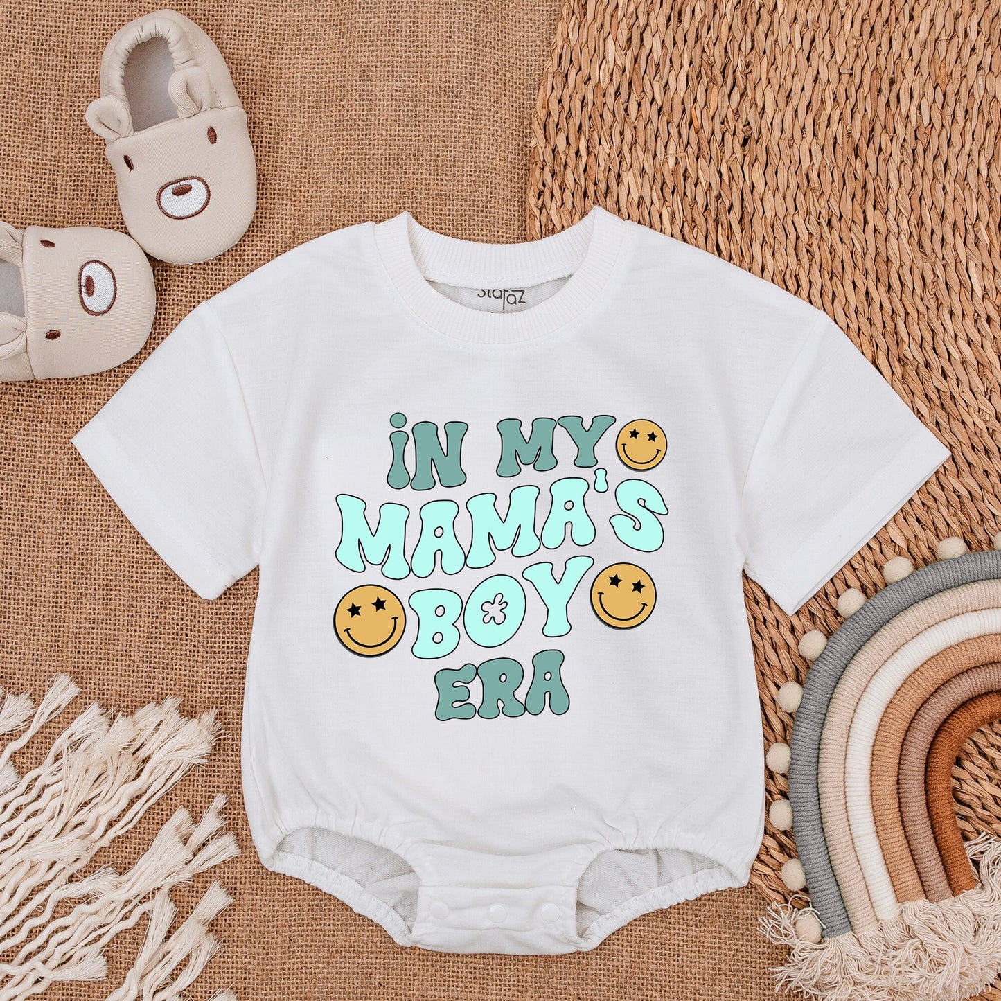 Mama's Boy Era Baby Romper with Blue Teal Smiley Face Design Cheerful Vintage Infant Bodysuit Soft Cotton Baby Shower Gift Coming Home Outfit