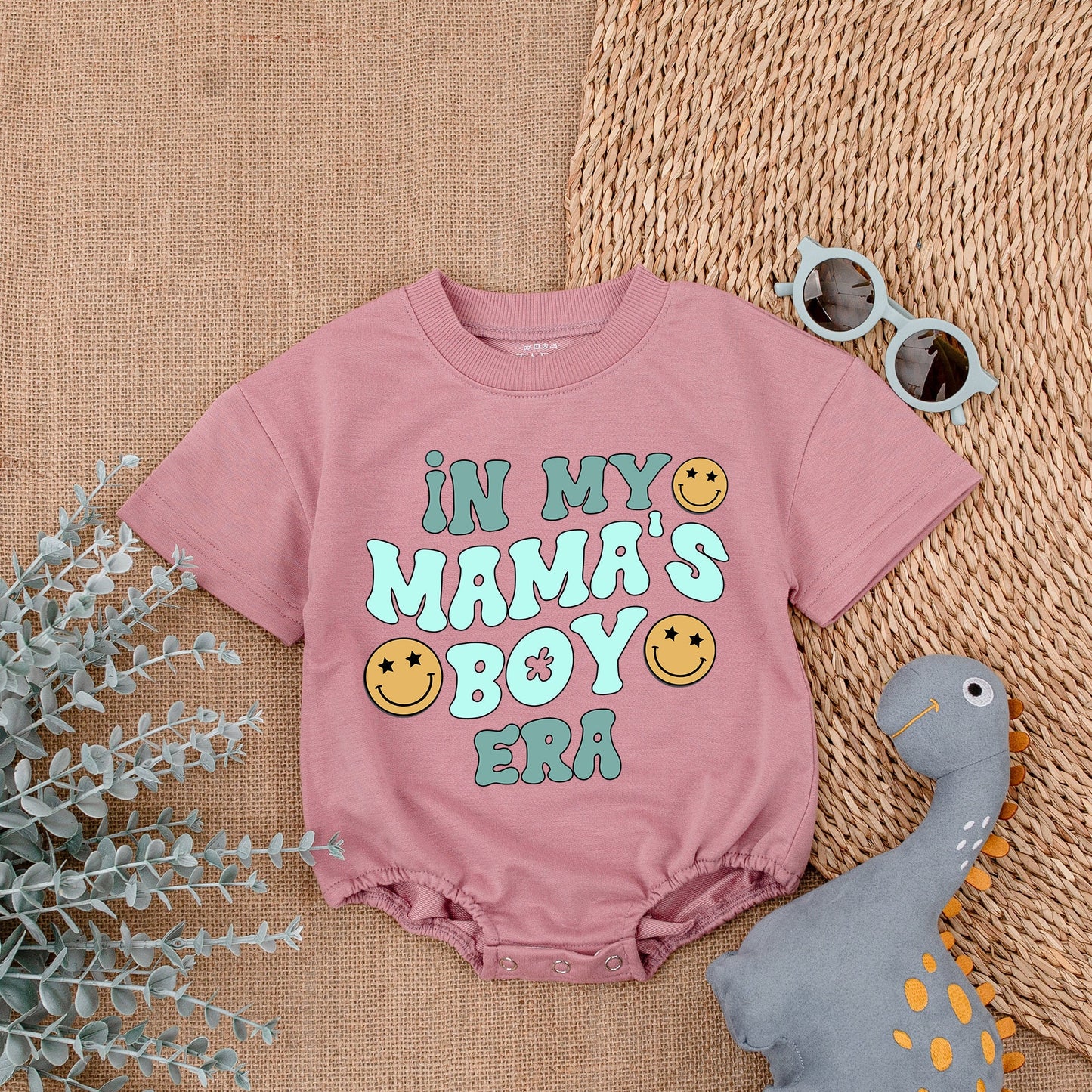 Mama's Boy Era Baby Romper with Blue Teal Smiley Face Design Cheerful Vintage Infant Bodysuit Soft Cotton Baby Shower Gift Coming Home Outfit
