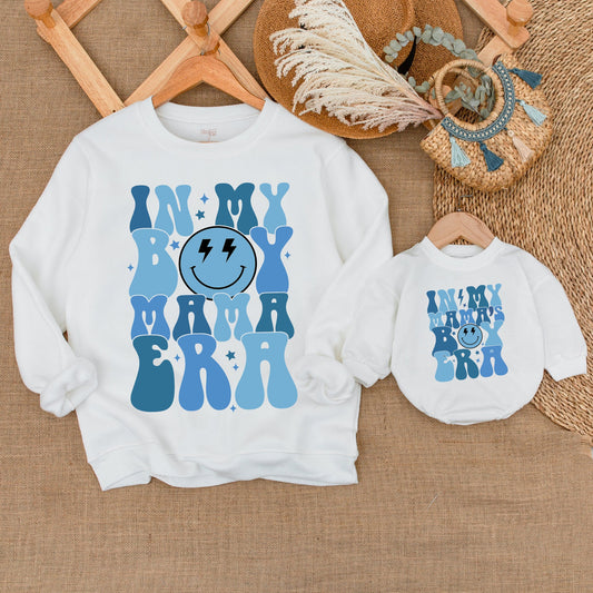 Mama and Me In My Mama's Boy Era Outfit Retro Blue Smiley Face Stars Toddler Baby Boy Matching Sweatshirt Romper Comfortable Family