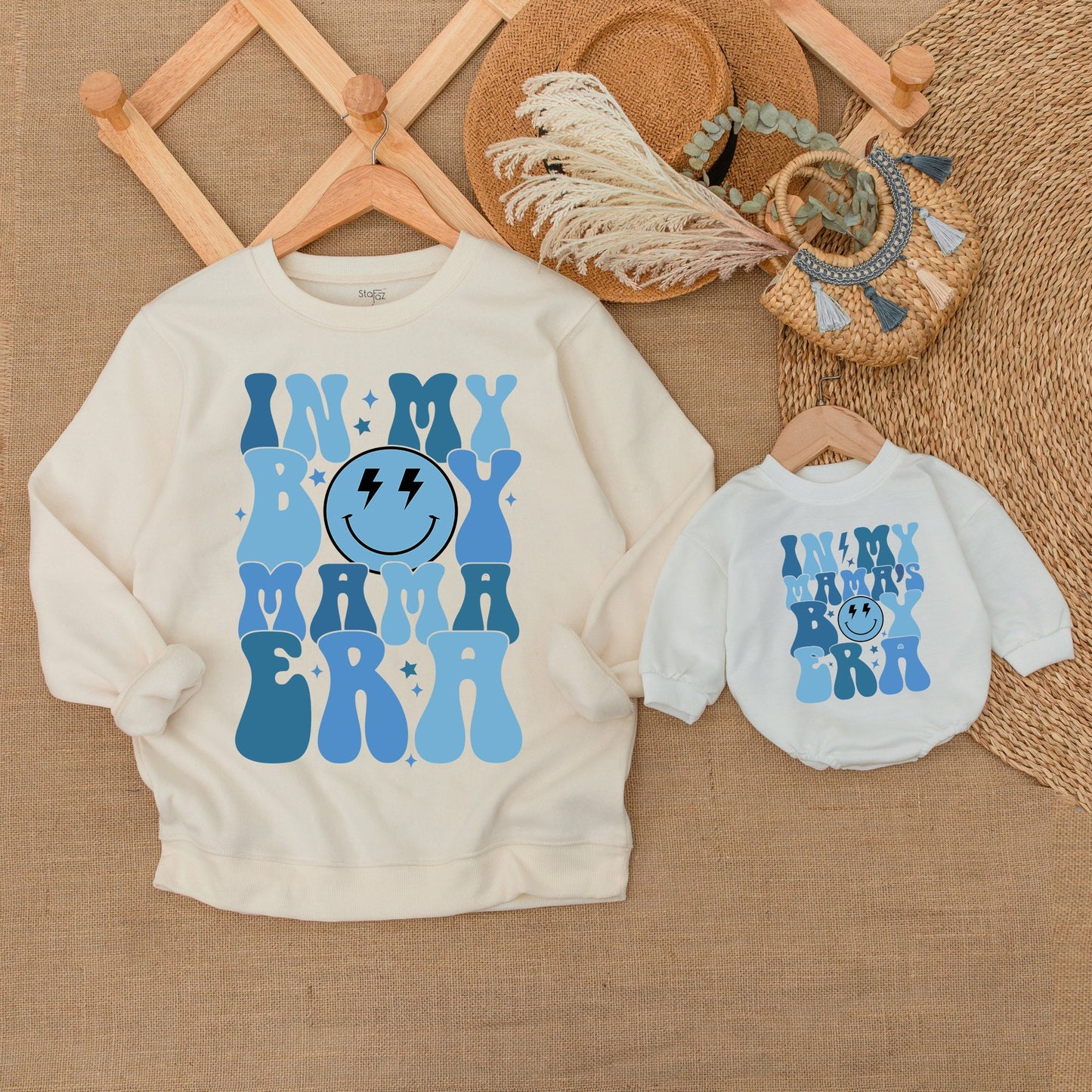 Mama and Me In My Mama's Boy Era Outfit Retro Blue Smiley Face Stars Toddler Baby Boy Matching Sweatshirt Romper Comfortable Family