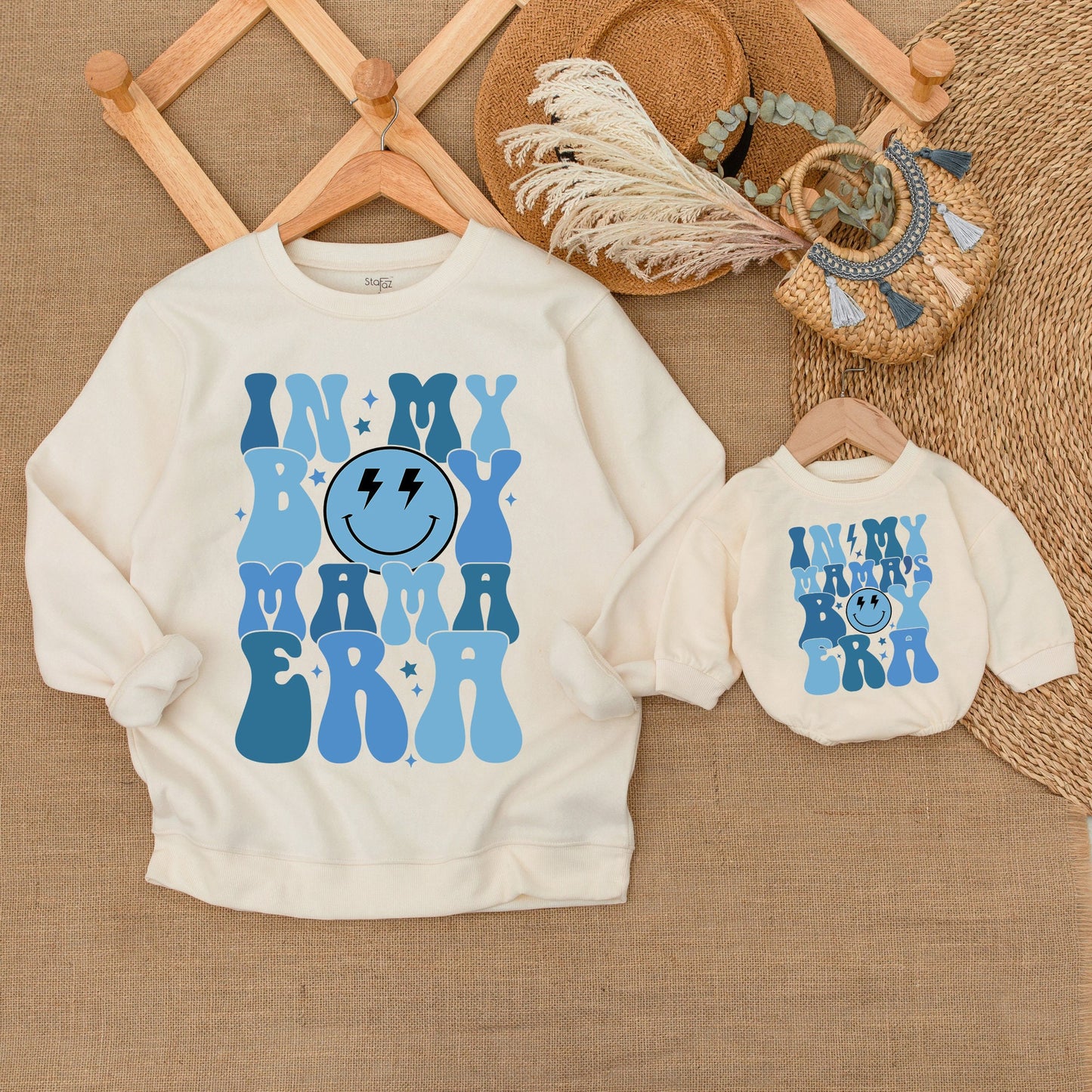 Mama and Me In My Mama's Boy Era Outfit Retro Blue Smiley Face Stars Toddler Baby Boy Matching Sweatshirt Romper Comfortable Family