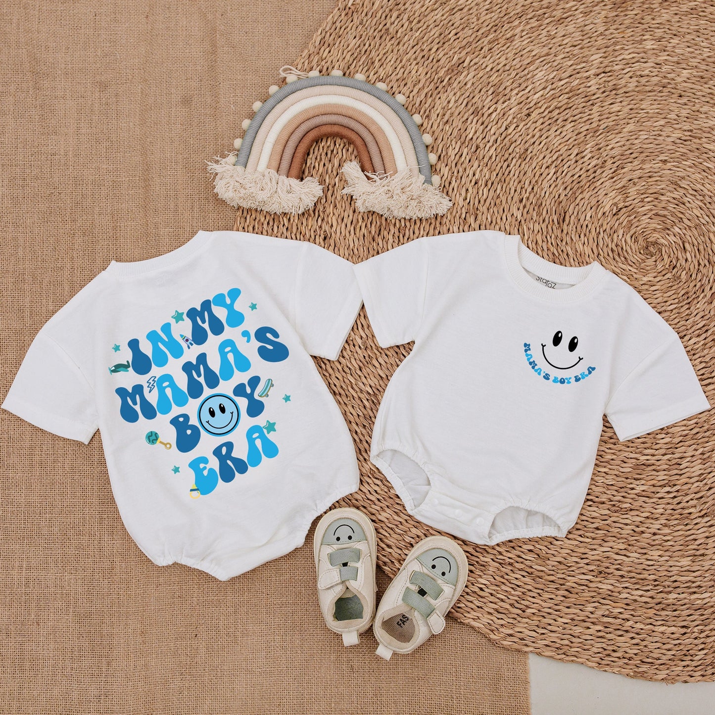 Vintage Blue Mama's Boy Era Romper Bodysuit Shirt Outfit for Baby Boy with Playful Stars Rocket Skateboard Smiley Face Graphics Fun Gift