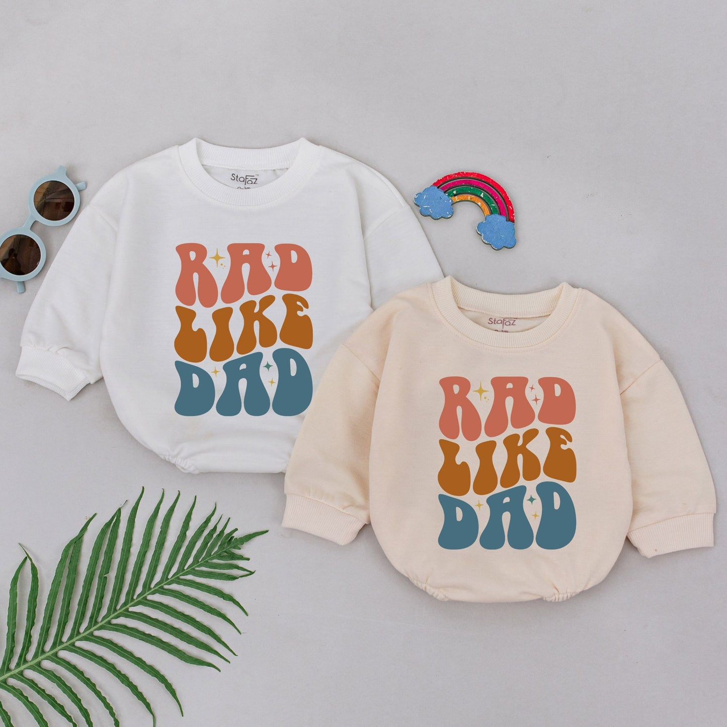 Rad Like Dad Romper Groovy Retro 70s Baby Girl Outfit Peach Orange Teal Starburst Cotton Newborn First Father's Day Baby Shower Gift