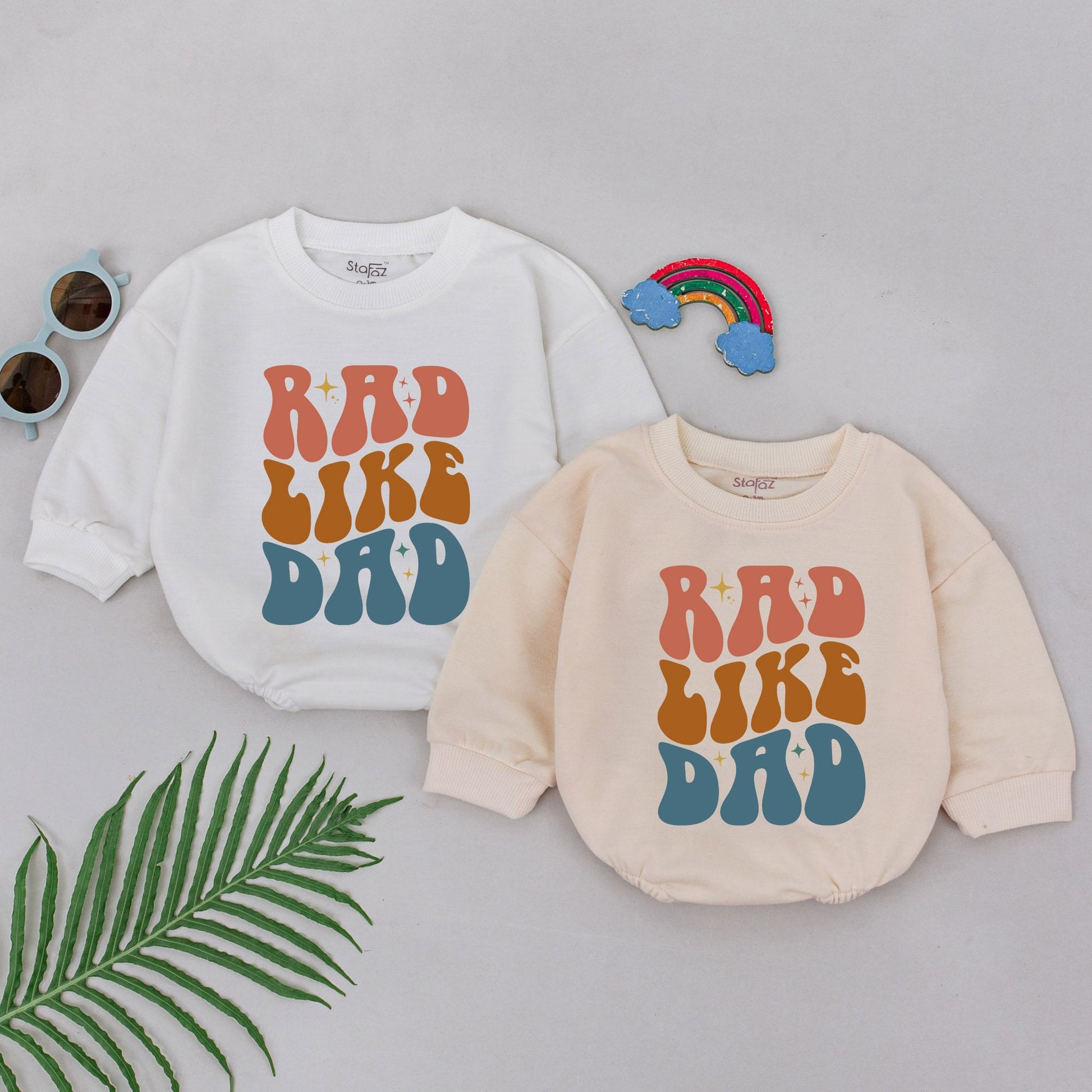 Rad Like Dad Romper Groovy Retro 70s Baby Girl Outfit Peach Orange Teal Starburst Cotton Newborn First Father's Day Baby Shower Gift