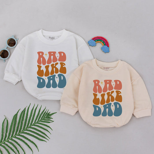 Rad Like Dad Romper Groovy Retro 70s Baby Girl Outfit Peach Orange Teal Starburst Cotton Newborn First Father's Day Baby Shower Gift