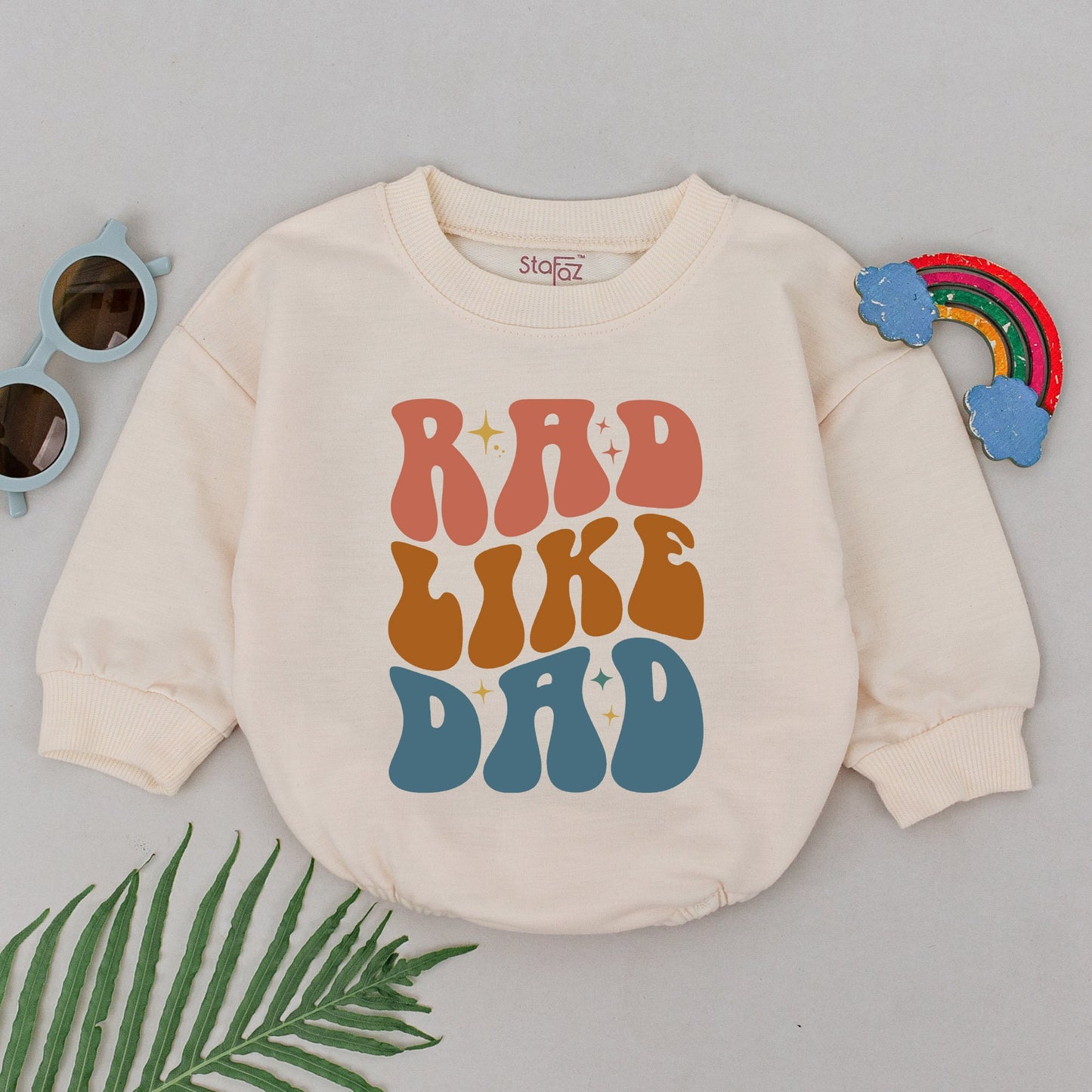Rad Like Dad Romper Groovy Retro 70s Baby Girl Outfit Peach Orange Teal Starburst Cotton Newborn First Father's Day Baby Shower Gift
