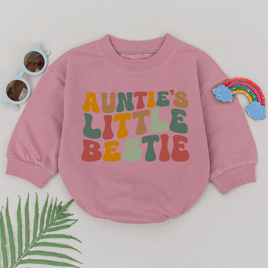 Retro Auntie's Little Bestie Romper Playful Baby Outfit Newborn Gift for New Auntie Mother's Day Shower Girls Boys Green Orange Brown Red