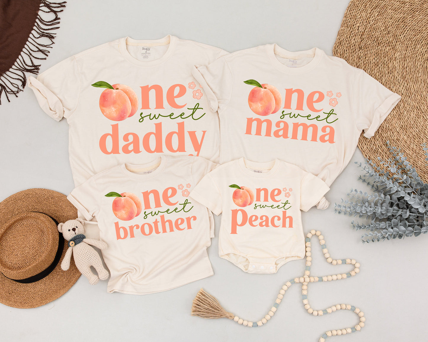 One Sweet Peach Personalized Birthday Shirt Matching Family Outfit First 1st Baby Girl Whimsical Watercolor Design Summer Cake Smash