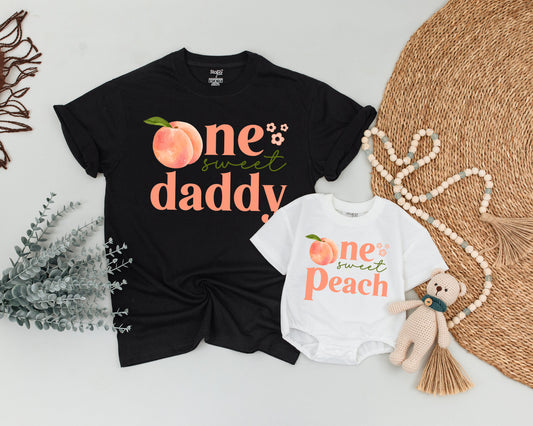 One Sweet Peach Personalized Birthday Shirt Matching Family Outfit First 1st Baby Girl Whimsical Watercolor Design Summer Cake Smash