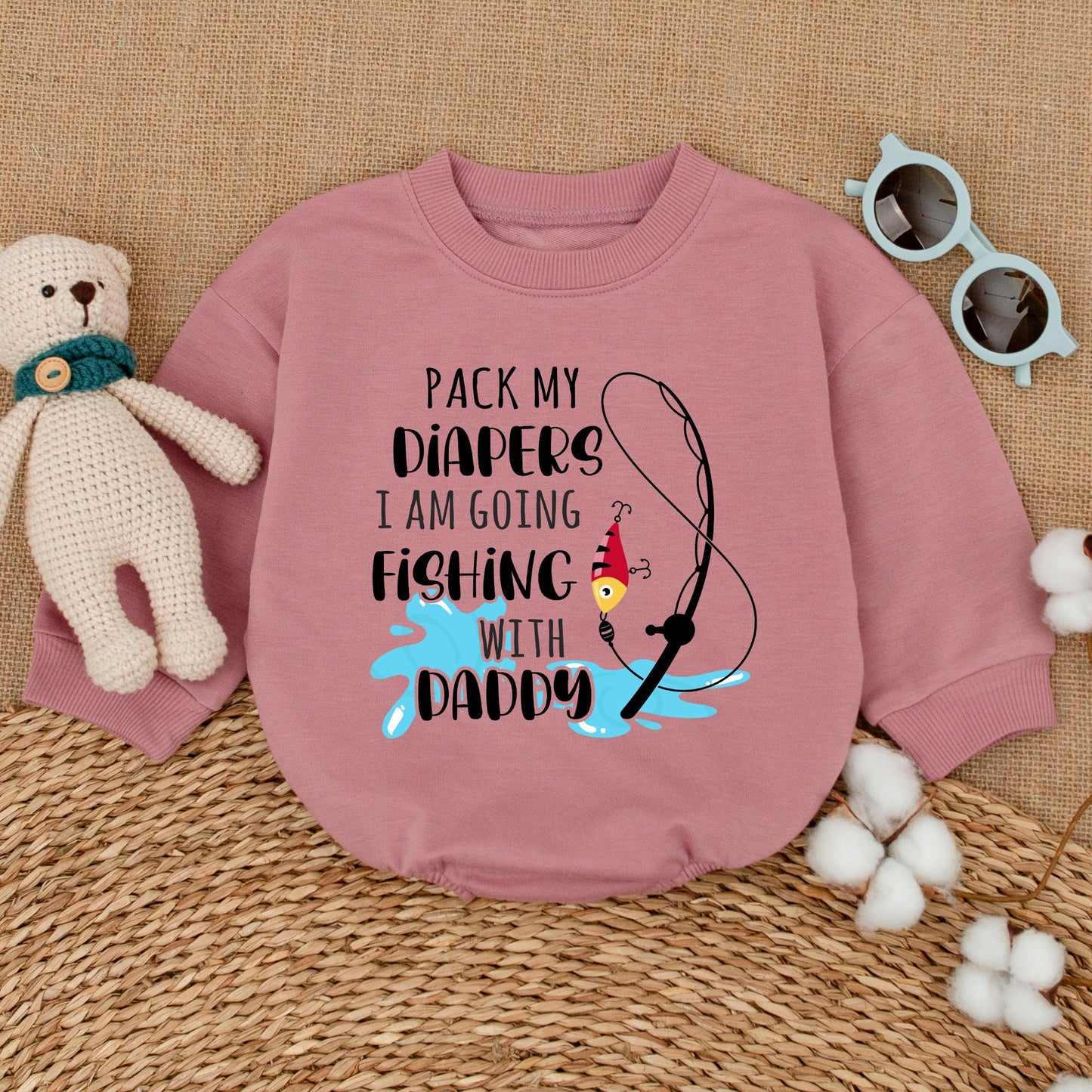 Pack My Diapers I Am Going Fishing With Daddy Romper adorable baby boy bodysuit with cute fishing pole graphic and playful blue water splash new baby shower gift