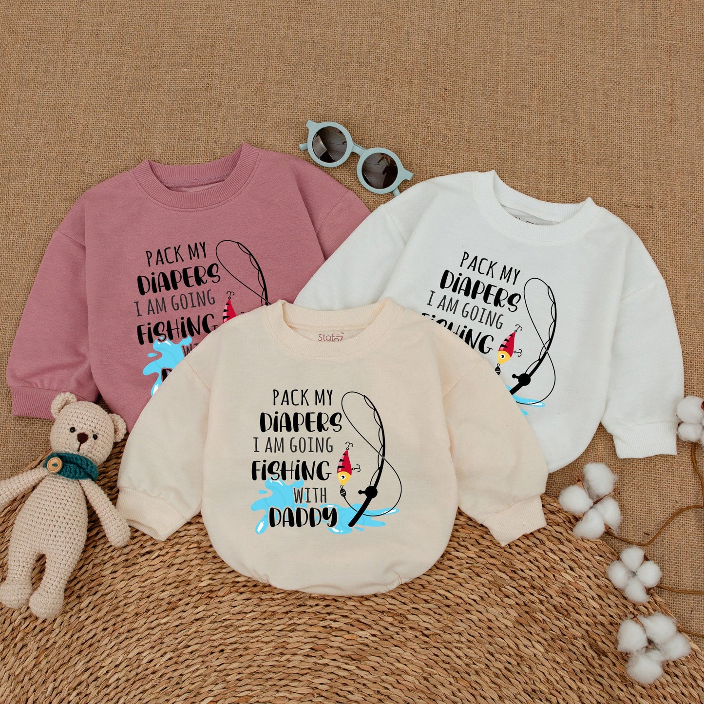 Pack My Diapers I Am Going Fishing With Daddy Romper adorable baby boy bodysuit with cute fishing pole graphic and playful blue water splash new baby shower gift