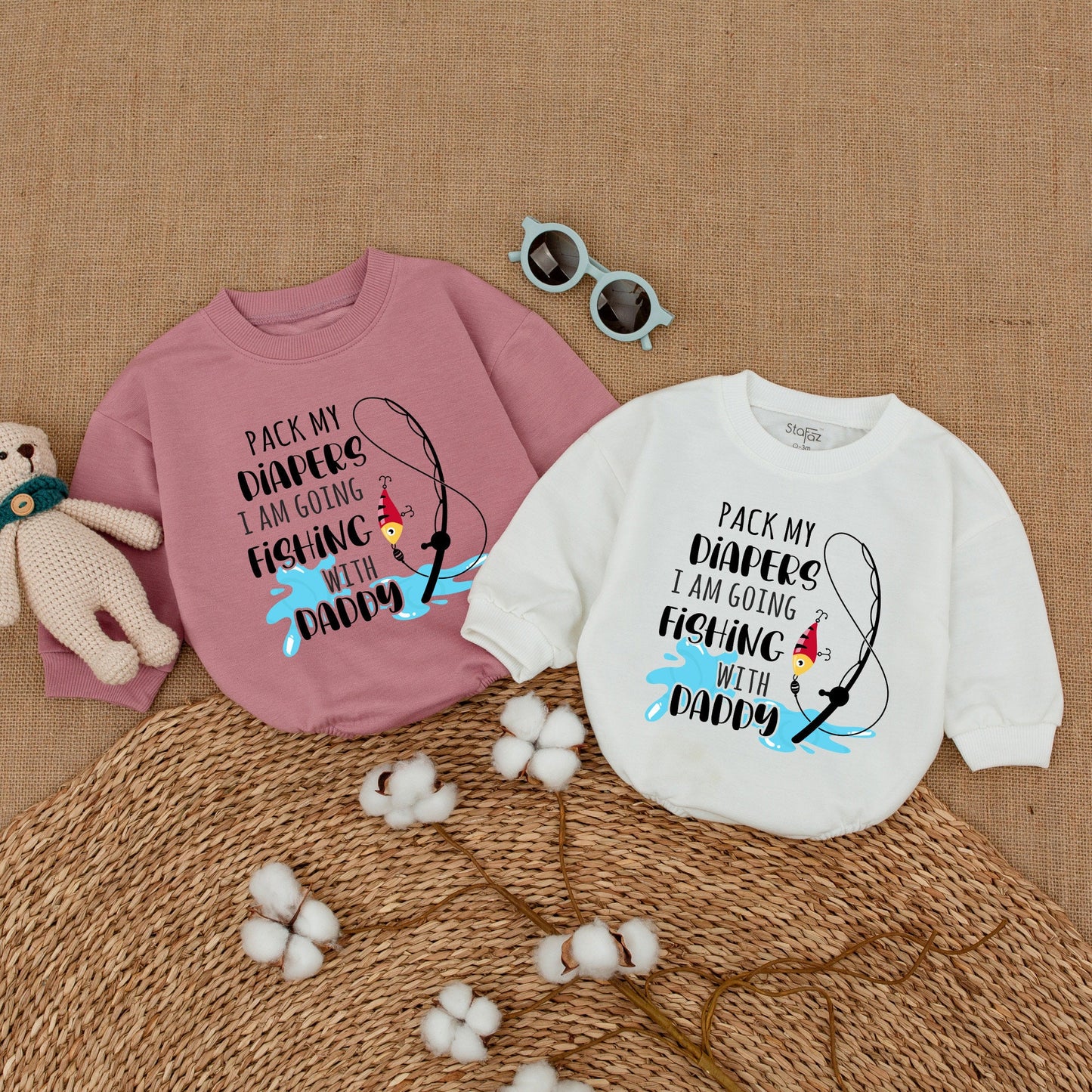 Pack My Diapers I Am Going Fishing With Daddy Romper adorable baby boy bodysuit with cute fishing pole graphic and playful blue water splash new baby shower gift