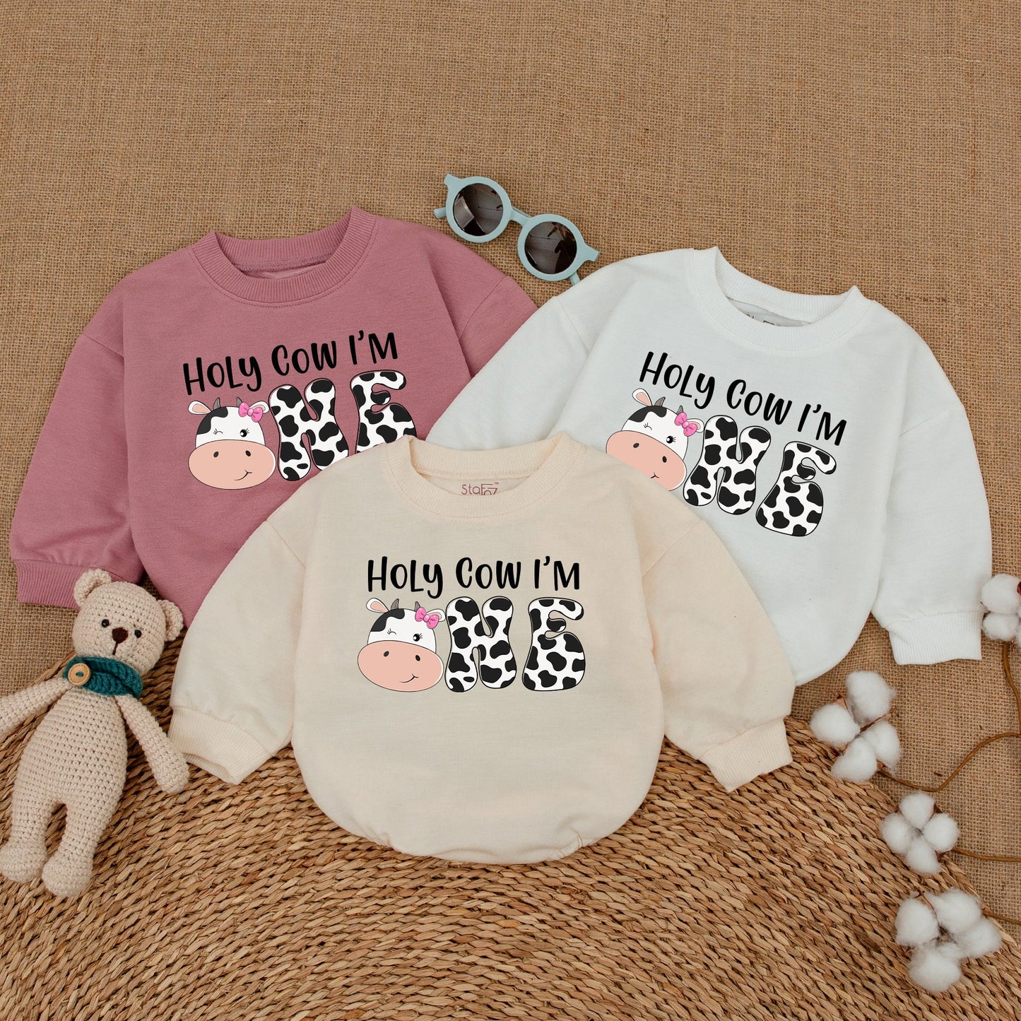 Personalized Holy Cow I'm ONE Baby Girl First Birthday Romper Whimsical Cow Print Bodysuit Farm Theme Bubble Romper Shower Gift