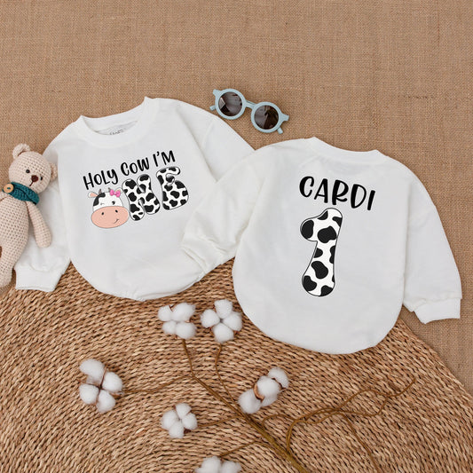 Personalized Holy Cow I'm ONE Baby Girl First Birthday Romper Whimsical Cow Print Bodysuit Farm Theme Bubble Romper Shower Gift