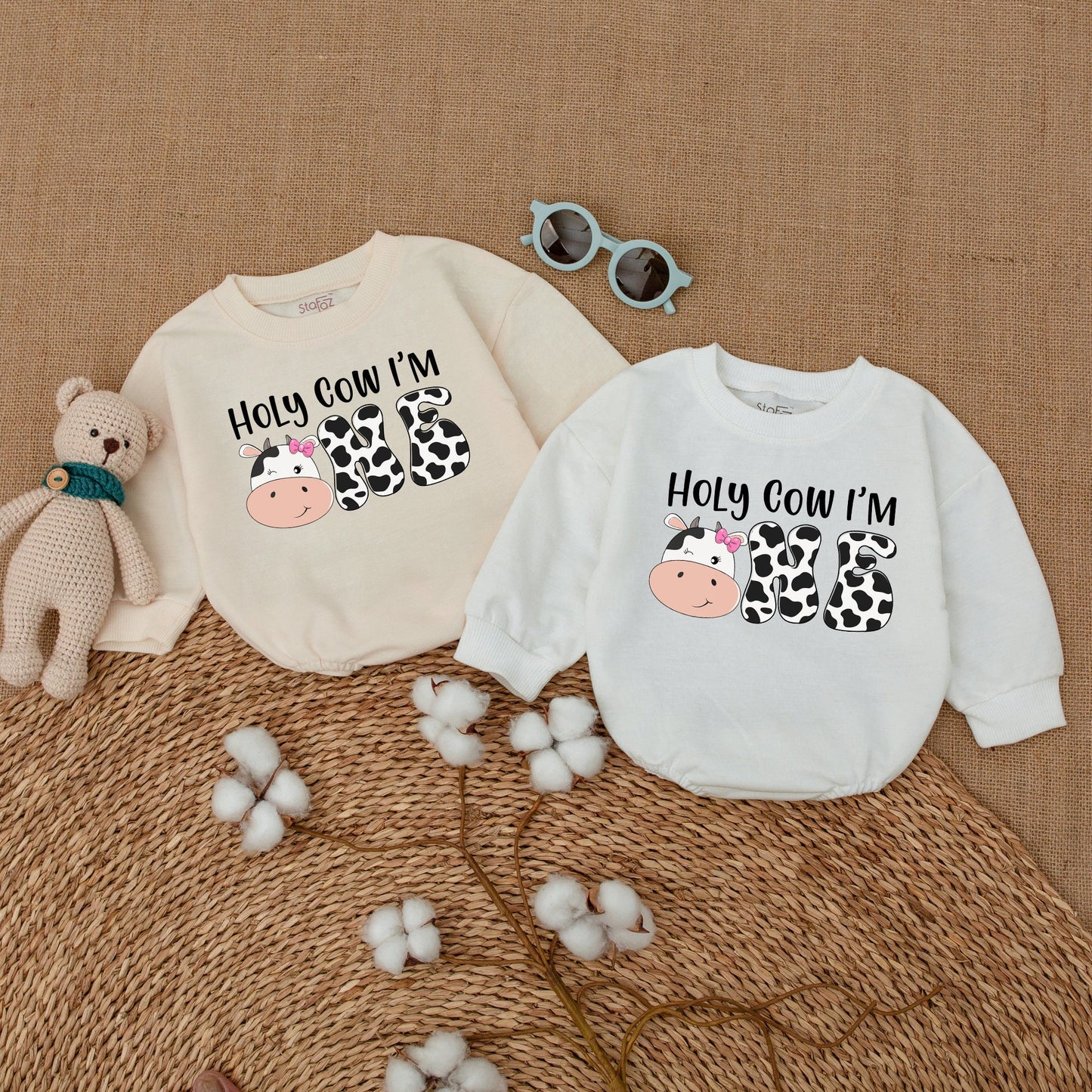 Personalized Holy Cow I'm ONE Baby Girl First Birthday Romper Whimsical Cow Print Bodysuit Farm Theme Bubble Romper Shower Gift