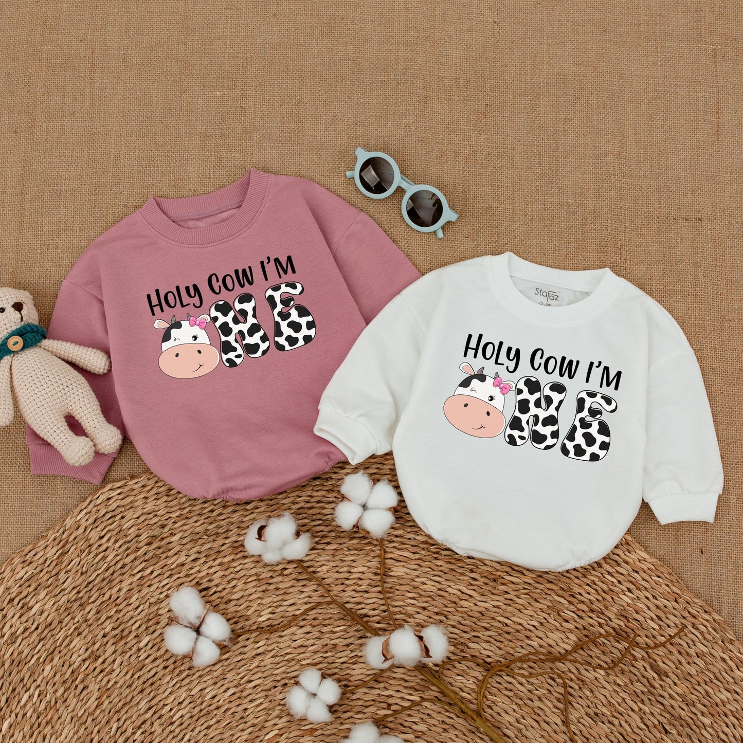 Personalized Holy Cow I'm ONE Baby Girl First Birthday Romper Whimsical Cow Print Bodysuit Farm Theme Bubble Romper Shower Gift