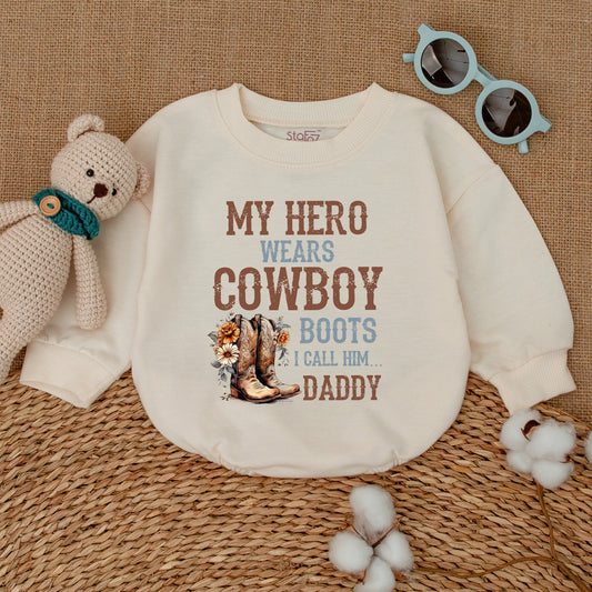 My Hero Wears Cowboy Boots I Call Him Daddy Baby Romper, Western Rustic Floral Bodysuit for Father's Day and Baby Showers