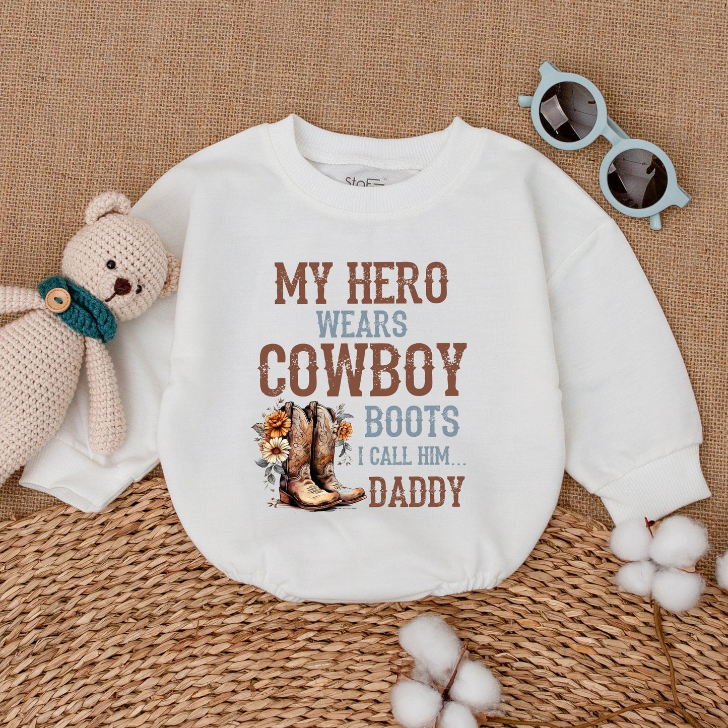 My Hero Wears Cowboy Boots I Call Him Daddy Baby Romper, Western Rustic Floral Bodysuit for Father's Day and Baby Showers
