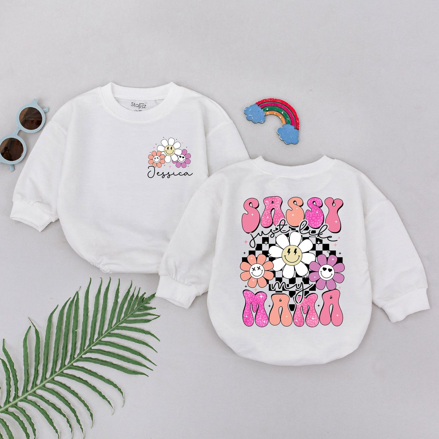 Sassy Just Like My Mama Retro Pink Romper Baby Girl First Mother's Day Outfit Checkered Flower Smile Bodysuit Gift