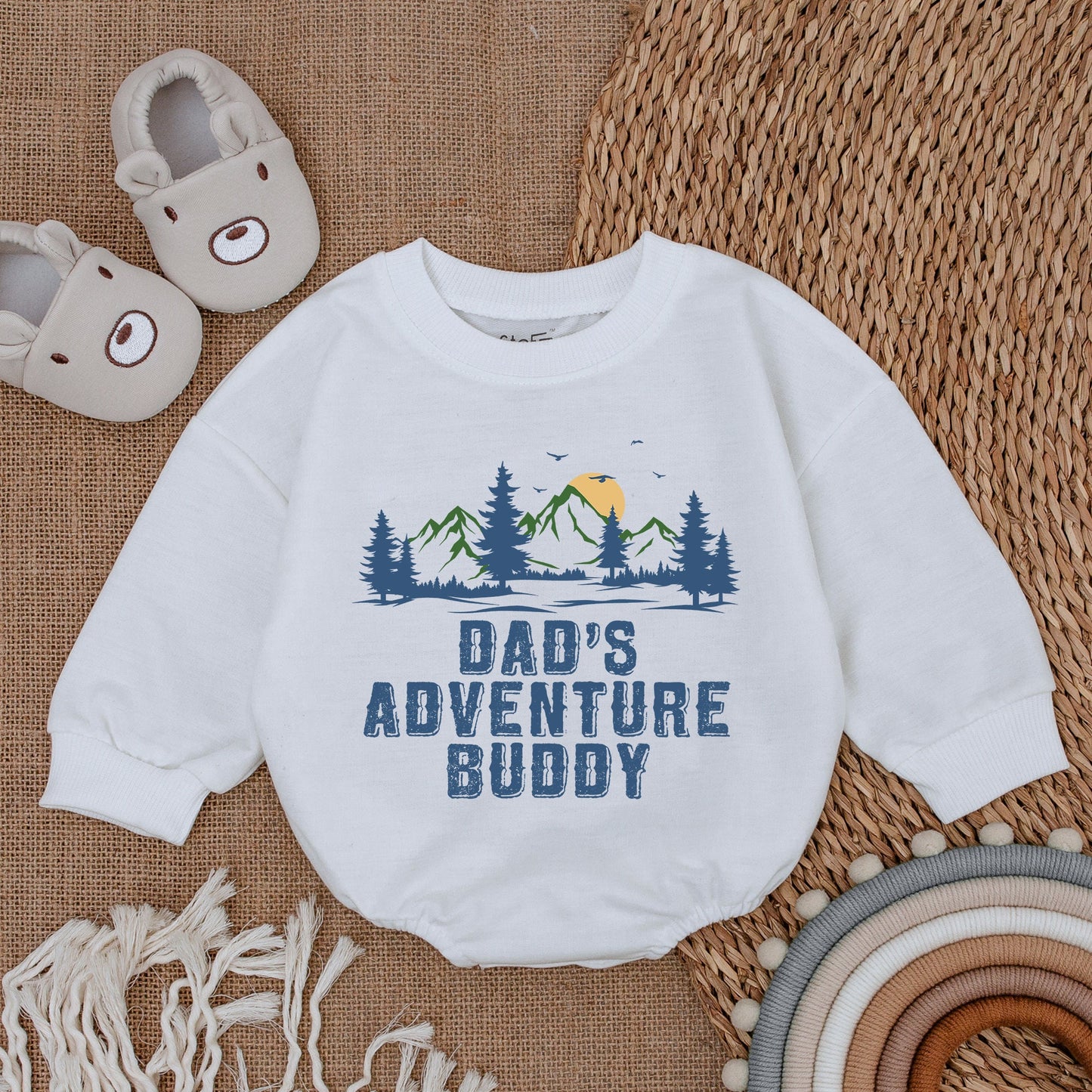 Dad's Adventure Buddy Baby Romper with Nature Trees Mountains Sun Print Outdoorsy Playful Bodysuit Newborn Boy Girl Gift