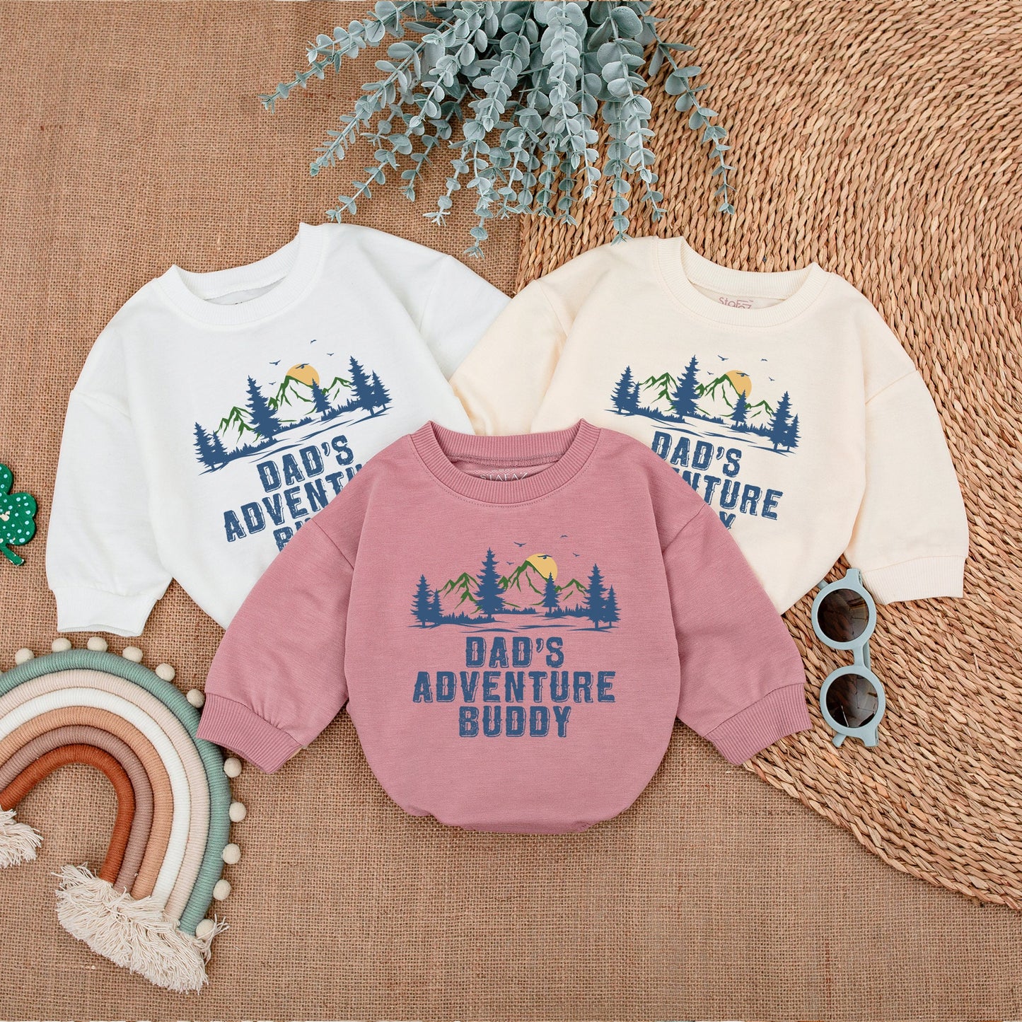 Dad's Adventure Buddy Baby Romper with Nature Trees Mountains Sun Print Outdoorsy Playful Bodysuit Newborn Boy Girl Gift