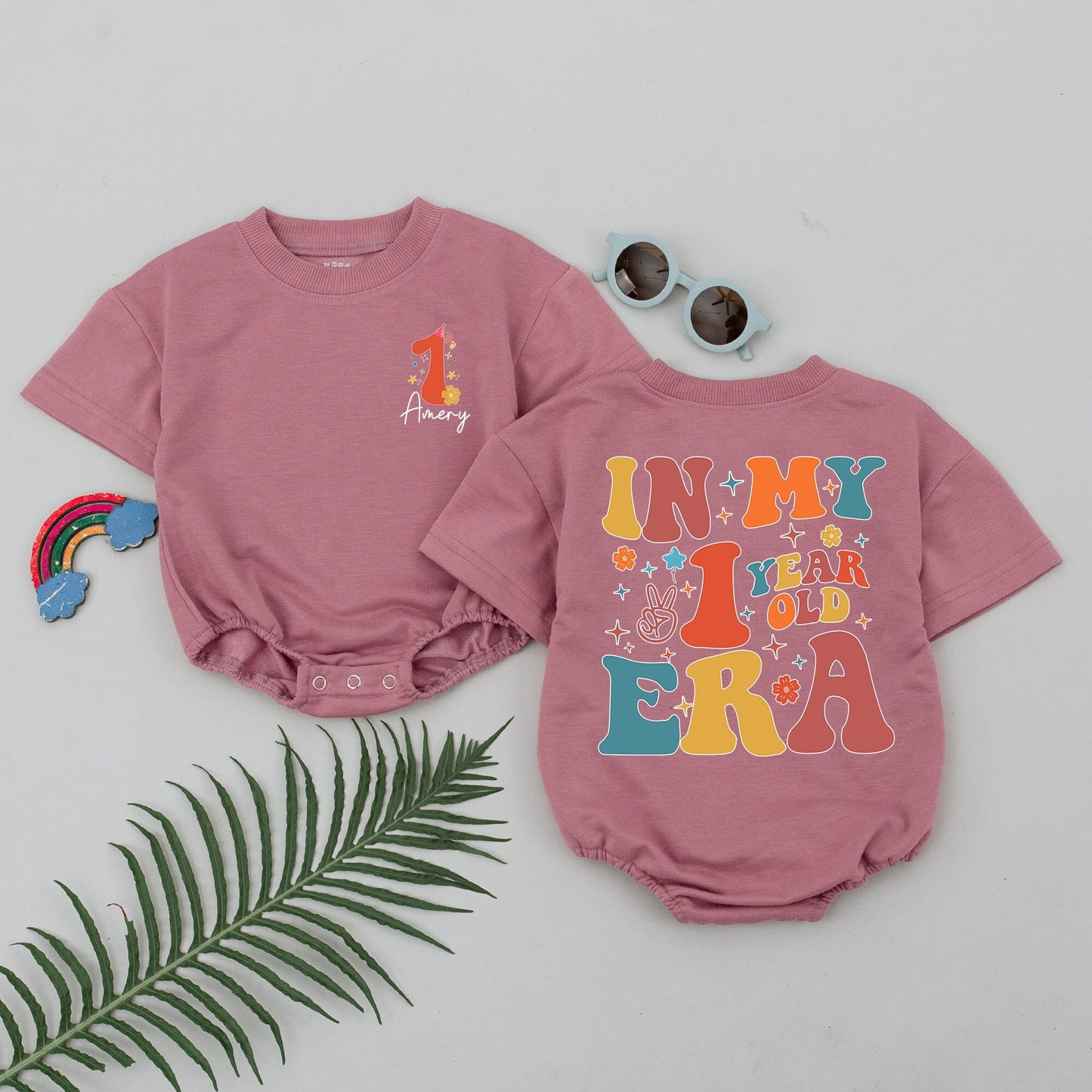 Custom Amery One Year Old Era First Birthday Short Sleeve Romper Retro Baby Bodysuit Mustard Teal Orange Party Hat Flower Star Peace Design