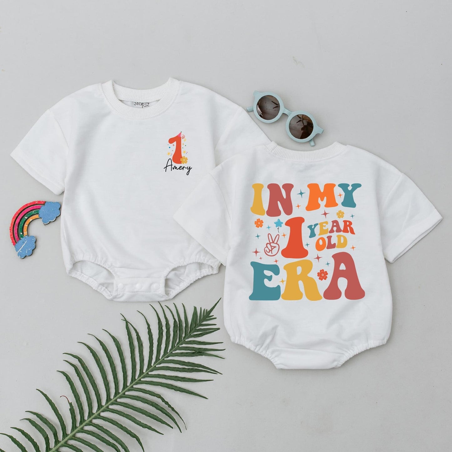 Custom Amery One Year Old Era First Birthday Short Sleeve Romper Retro Baby Bodysuit Mustard Teal Orange Party Hat Flower Star Peace Design