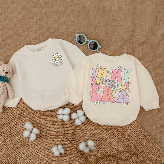 Personalized In My Birthday Era Baby Girl Romper with Caroline Smiley Daisy Fun Retro Pastel First Birthday Smash Cake Outfit