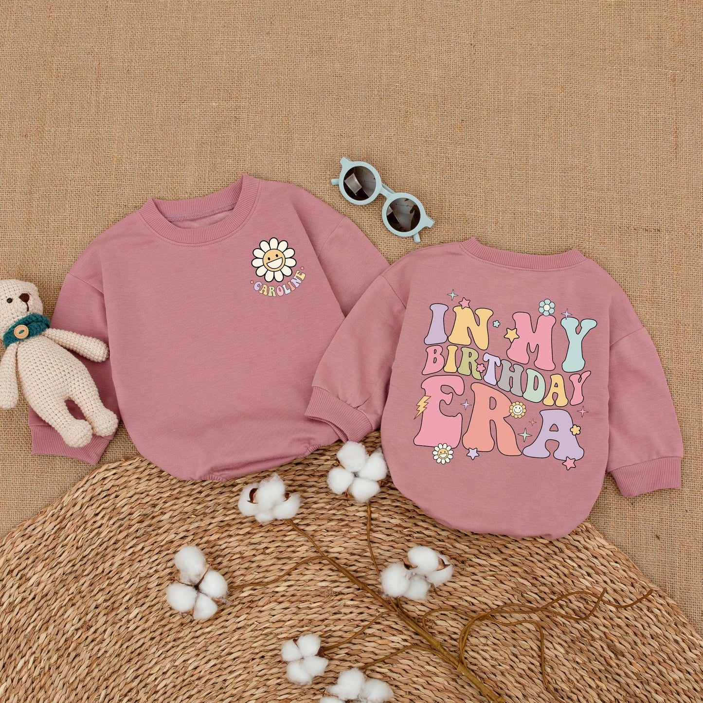 Personalized In My Birthday Era Baby Girl Romper with Caroline Smiley Daisy Fun Retro Pastel First Birthday Smash Cake Outfit