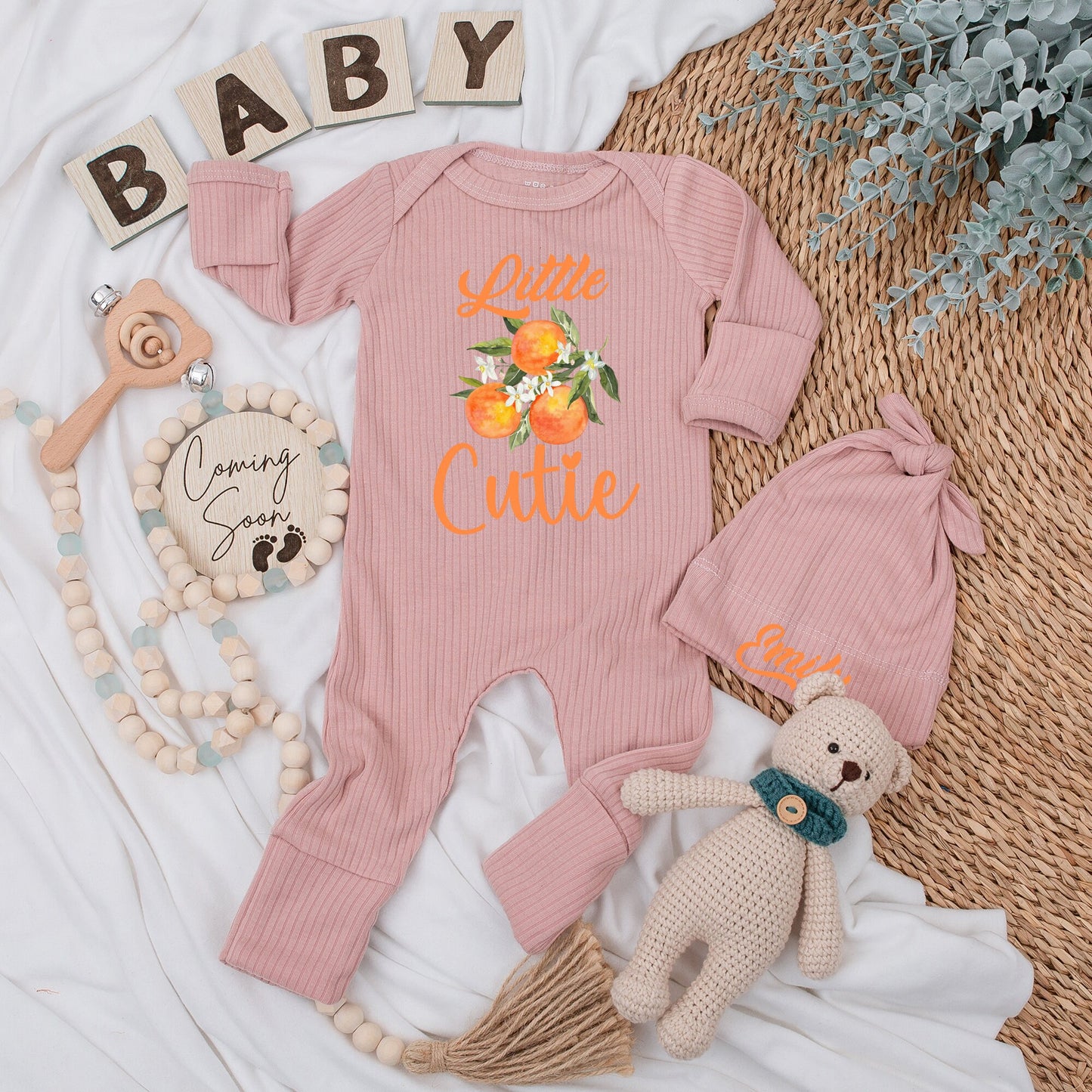 Personalized Baby Bodysuit and Hat Set Little Cutie Peach Orange Cursive Design New Baby Gift Going Home Outfit Newborn Girl Keepsake