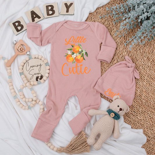 Personalized Baby Bodysuit and Hat Set Little Cutie Peach Orange Cursive Design New Baby Gift Going Home Outfit Newborn Girl Keepsake
